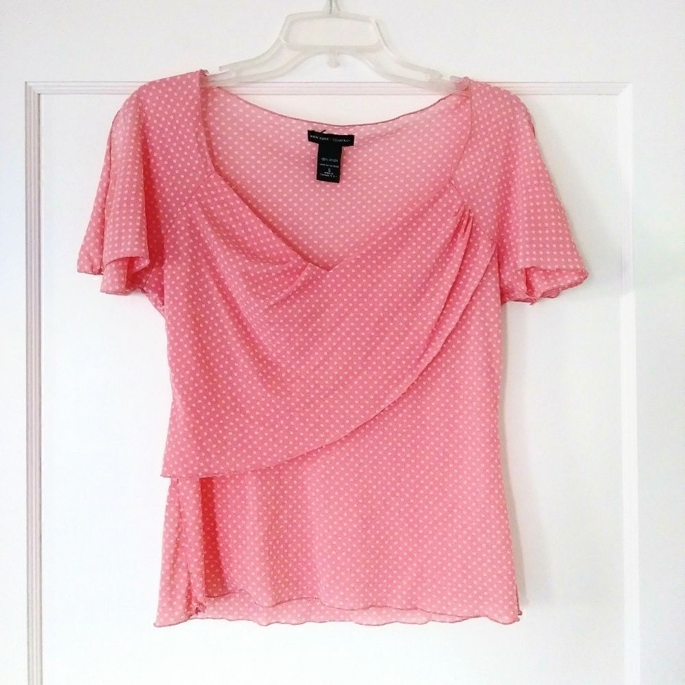 New York & Company Pink Polka Dot Flutter Sleeve Blouse